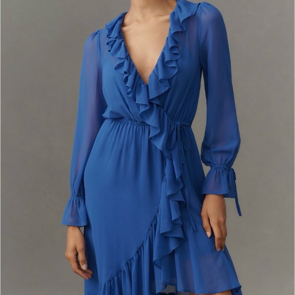 Anthropologie Royal Blue Ruffle Wrap Dress